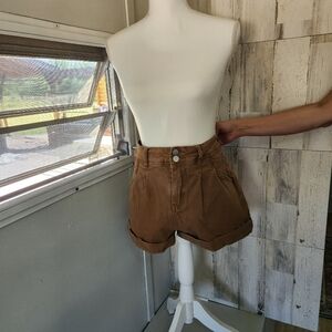 High-Rise Rolled Hem Women's Shorts — Brown